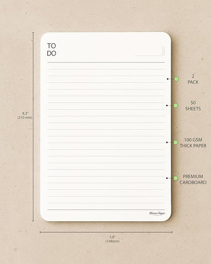 To Do List Notepad – (2 Pack, 50 Sheet Each) A5 Size (8.3"x5.8") Premium Thick Paper With Cardboard Back Support, Undated Daily Planner Notepad, Daily To Do List Notebook, Ruled Pages, Deadline Column.