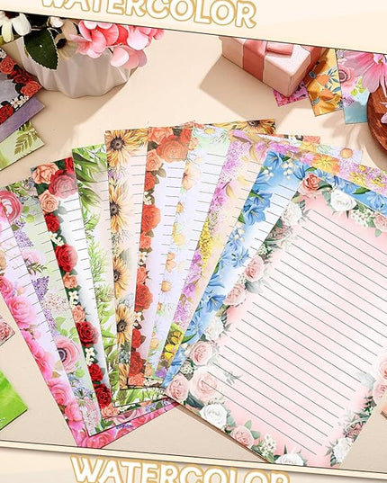 TaoBary 160 Pcs Stationery Paper Set 50 Double Sided Stationery Papers with 50 Matching Envelopes and 60 Round Dot Sticker, 10 Design(Flower,5.5 x 8.25 Inch)