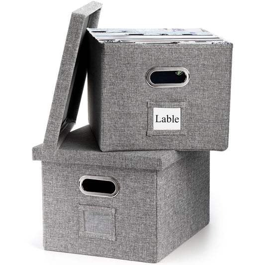Hedume Set of 2 File Organizer Box, Collapsible Linen Filing Cabinets, Decorative Linen Filing Storage Hanging File Folders with Lids and Durable MDF Board, Space Saving File Folder Storage