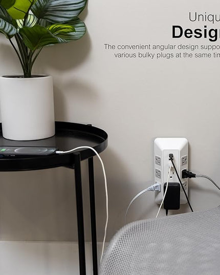 GE 8-Outlet Surge Protector with USB, Outlet Extender, 2 USB-A, 1 USB-C, Adapter Spaced, Multi Plug, Charging Station, for Home School and Office, 2000 Joules, White/Gray - 73654