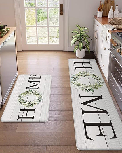 KIMODE Kitchen Anti Fatigue Rug Set of 2, Ergonomic Standing Kitchen Mat Set 2PCS, Farmhouse Kitchen Runner Stain Resistant, Non Slip Waterproof Kitchen Mats for Floor, 20" x 71" + 20" x 32", White
