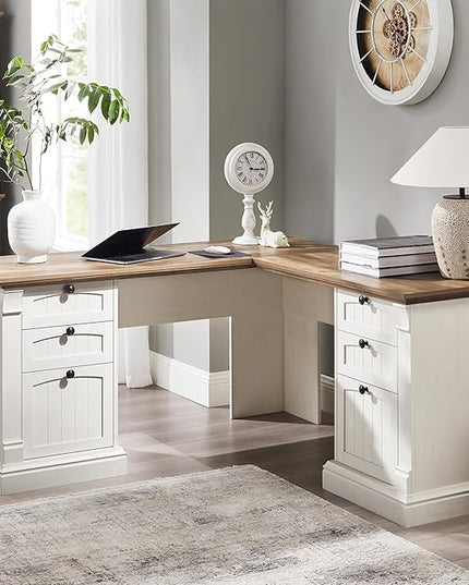 OKD 60" L Shaped Executive Desk with Drawers, Farmhouse Home Office Desk with Charging Station, File Cabinet Storage, Wood Corner Computer Desk for Work and Study, Antique White