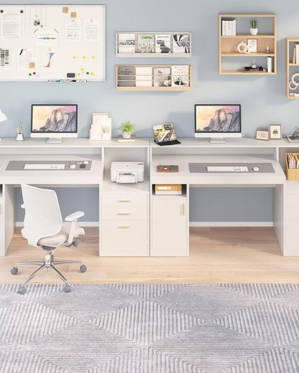 Computer Desk with 3 Drawer & Storage Shelves, Home Office Desk with File Drawer & Cabinet, Writing Study Table with Long Monitor Stand & Printer Shelf, Executive Desk, White