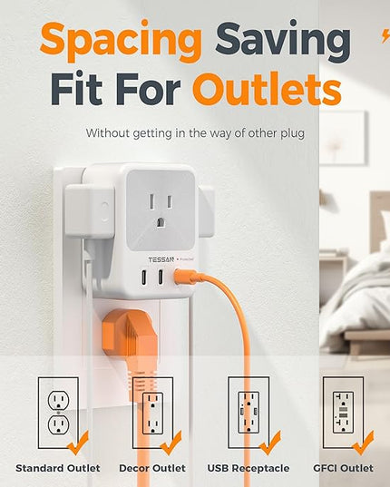USB Multi Plug Outlet Splitter, TESSAN Surge Protector 4 Outlet Extender with 3 USB C Wall Charger Blocks, 3-Sided Multiple Plug Expander for Home Office Dorm Room Essentials