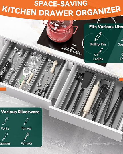 Bamboo Drawer Organizer, Extra Large Silverware Organizer for Kitchen Drawer, Stackable Utensil Organizer, 2 Pcs Toilet Tank Topper Tray, Wooden Toilet Paper Basket (Silver, 17 X 6 X 2 Inch)