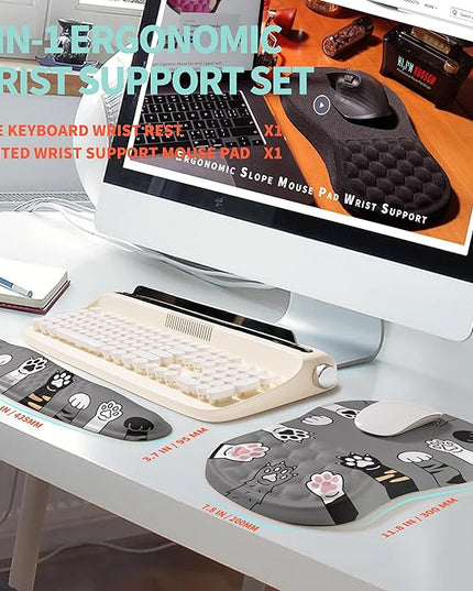 2-in-1 Ergonomic Set, Wave Rise Keyboard Wrist Rest and Massage Bulge Slope Mouse Pad Wrist Support, Cushion Memory Foam Integrated to Relieve Wrist Pain, Cute Cat Paws