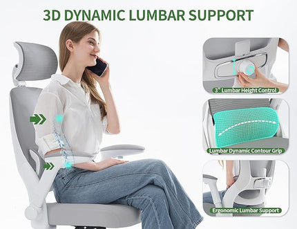 Ergonomic Office Chair - Computer Desk Chairs Comfy, Mesh High-Back Gaming Chair with Adjustable Lumbar Support, Executive Task Chair for Adults, Comfortable for Long Hours (White Grey)