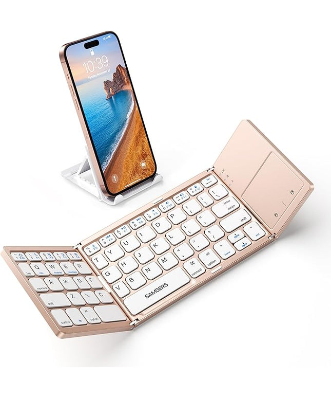 Samsers Foldable Bluetooth Keyboard with Touchpad - Portable Wireless Keyboard with Holder, Rechargeable Full Size Ultra Slim Pocket Folding Keyboards for Android Windows iOS Tablet & Laptop - Pink
