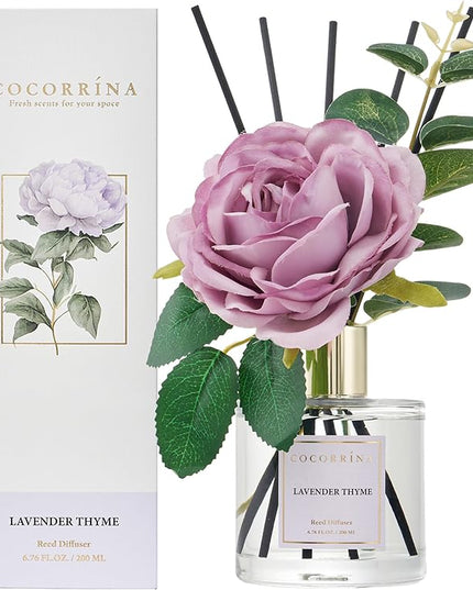 Cocorrína Flower Reed Diffuser - Lavender Thyme 6.7oz Scented Diffuser with Sticks Home Fragrance Essential Oil for Bathroom Shelf Decor (Artificial Flower)