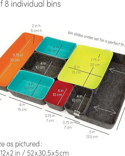 Three by Three Seattle Felt·Like·It! Felt Bins for Office, Crafts, Classroom, Living Room, Bedroom: Includes Expandable Sliding Bin for Custom Fit, Multicolor, Set of 8