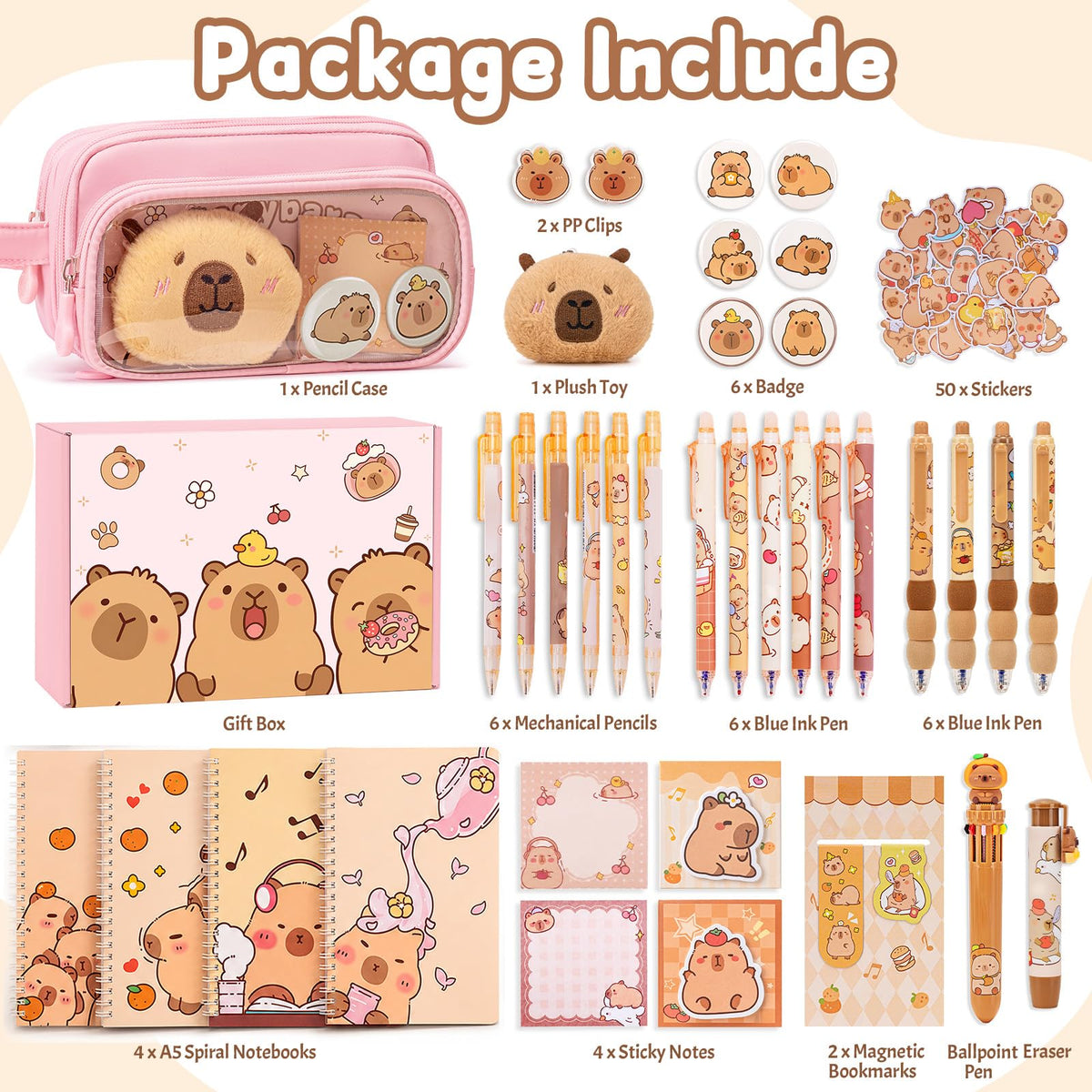 Similove Capybara Stationery Set 92 Pcs, Kawaii Back to School Supply Bundle with Pencil Case, Notebooks, Pens and Stickers, Cute School Supplies for Kids Girls, Kindergarten Elementary Gifts