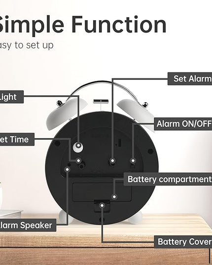 Twin Bell Loud Alarm Analog Alarm Clock, 4 inch Super Silent Non Ticking Small Clock with Night Light, Battery Operated, Simple Design, Old Fashioned, for Heavy Sleeper, Bedroom, Bedside, Desk, White