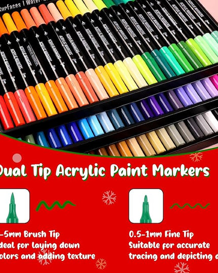 72 Colors Acrylic Paint Markers, Dual Tip with Fine Tip and Brush Tip Pens for Stone, Wood, Calligraphy, Canvas, Ceramic, Metal, Glass, Rock Painting, DIY Crafts