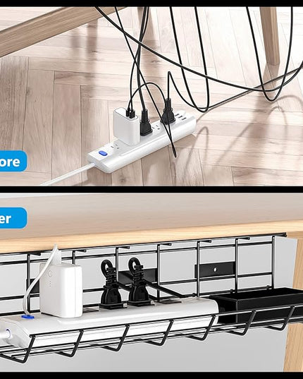 2 Pack DELAMU Under Desk Cable Management Tray, Metal Cord Cable Organizer for Desk, Easy Install Pre-drilled Wire Management Wire Organizer for Office & Home