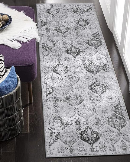 Lahome Moroccan Trellis Washable Runner Rug, 2x6 Kitchen Runners for Hallways 6 Feet Non Slip, Vintage Laundry Room Rug Ultra-Thin Long Carpet for Bathroom Bedroom Entryway, Silver/Grey