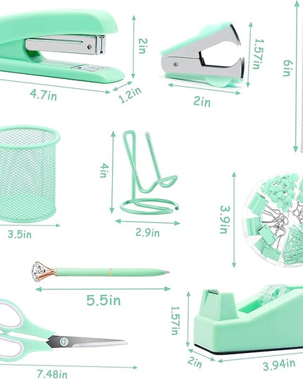 Green Office Supplies, Green Desk Accessories, Stapler, Staple Remover, Tape Holder, Pen Holder, Ballpoint Pen, Scissor, Binder Clips, 1000pcs Staples, Phone Holder, Ruler, Transparent Glue and Notes