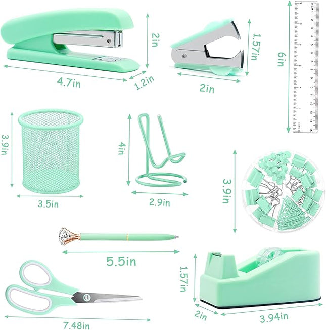 Green Office Supplies, Green Desk Accessories, Stapler, Staple Remover, Tape Holder, Pen Holder, Ballpoint Pen, Scissor, Binder Clips, 1000pcs Staples, Phone Holder, Ruler, Transparent Glue and Notes