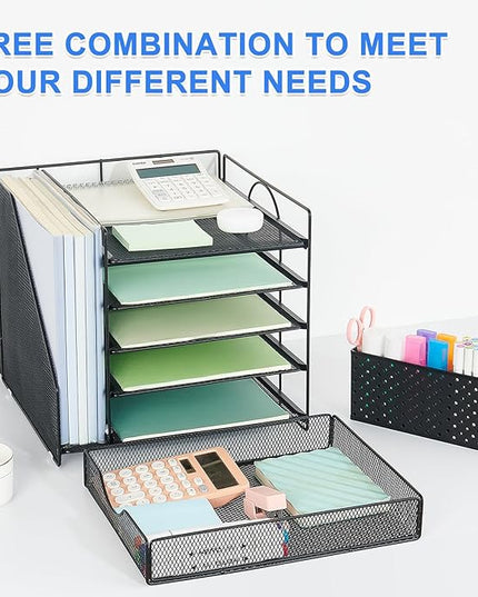OUTIOE Desk Organizer with Drawer and Pen Holder, 5-Tier Paper Letter Tray Organizer with File Holder, Suitable for Workspace Organizer Office Supplies Storage (Black)