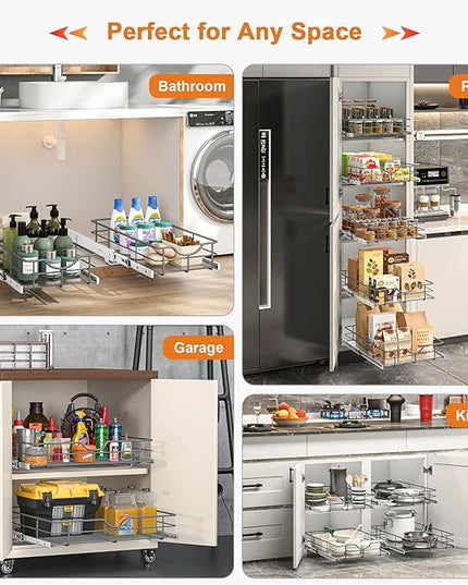 ALINE FURNITURE Pull Out Shelves - 23" W x 22" D Soft Close Pull Out Cabinet Organizer 1 Tier - Slide Out Drawers with Shelf Liner, Heavy Duty Steel Wire Baskets for Kitchen Cabinets, Pantry, Bathroom