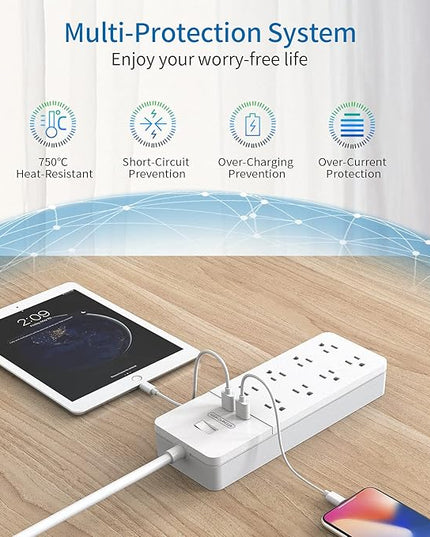 Flat Plug Extension Cord 15Ft - NTONPOWER 8 Outlets Surge Protector Power Strip with 2 USB, Overload Protection, 1080 Joules, ETL Listed, 15A/1850W, Wall Mountable for Home Office and Workbench, White