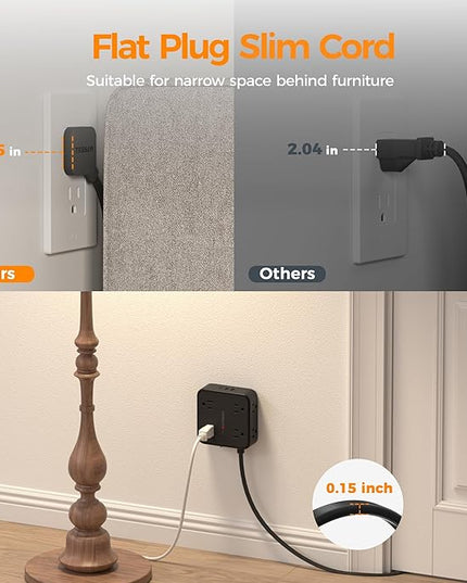 TESSAN 10 Ft Flat Plug Extension Cord with Multiple Outlets, Surge Protector Power Strip with 3 USB(1 USB C) 8 Outlets, 900J Protection, Desk Charging Station for Home, Office, Dorm Room, Black