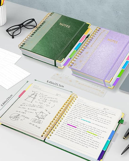 Hardcover Spiral Notebook Journal, 8"x10" Large B5 Notebooks with Removable Dividers Tabs, 300 Pages Leather 5 Subject Notebook College Ruled, Journal for Work School Note, 100 GSM Thick Paper,Green.