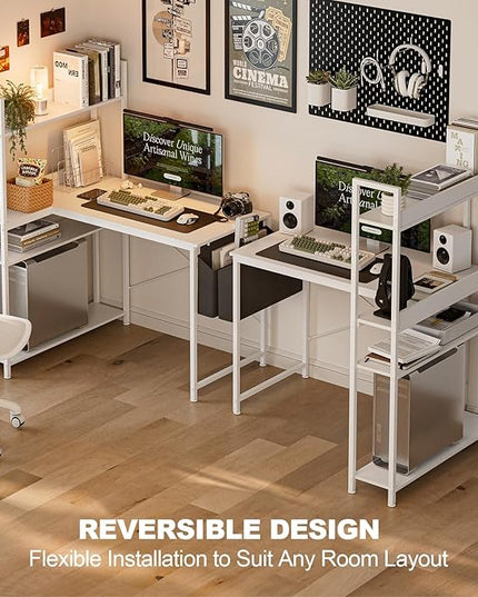 Grandder 47 Inch L Shaped Computer Desk with Reversible Storage Shelves, Home Office Corner Desk Study Writing Table with Hutch, Study, White