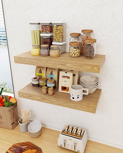 12 Inch Deep Floating Shelves, 24 x 12 Floating Shelf for Books, Rustic Wood Deep Wall Shelves for Home Storage & Display, 2" Thicked Shelves for Kitchen, Living Room, Bedroom, Oak Color, 1 Pack