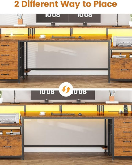 SEDETA Home Office Desk with File Drawer & Power Outlet, 75'' Large Computer Desk with 5 Drawer, Storage Shelves, Monitor Shelf and Led Lights, 23.6" W Desktop Gaming Desk, Rustic Brown
