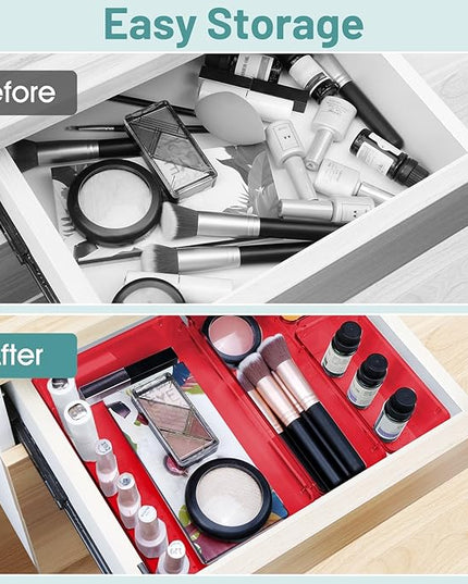 WOWBOX 25 PCS Plastic Drawer Organizer Set, 4 Sizes Desk Drawer Divider Organizers and Storage Bins for Makeup, Jewelry, Gadgets for Kitchen, Bedroom, Bathroom, Office, Clear Red