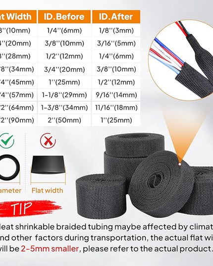 Black 2:1 Ratio Automotive Heat Shrink Braided Sleeving,Wear-Resistant Flat Woven Shrinkable Sleeve Fabric Car Cable Wires Hoses Protection (2''-35ft)