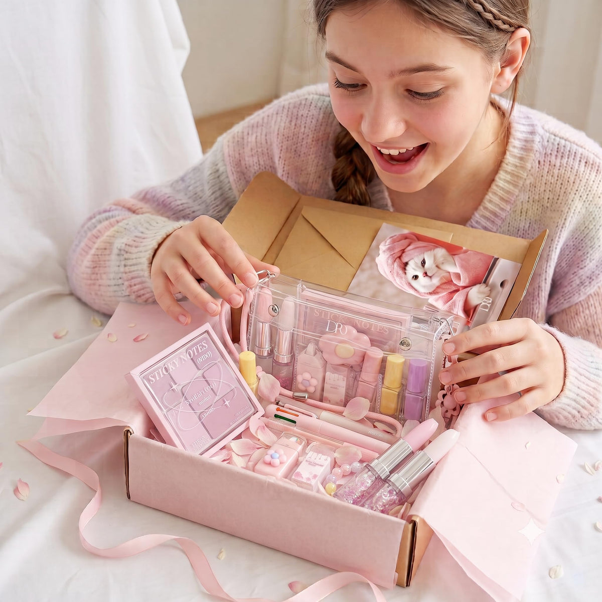 DDIRORY FRIENDS 18 Pcs Cute Pink Stationery Set Aesthetic Makeup Shaped School Supplies Kawaii Office Supplies Kit Highlighters Pens Eraser Everlasting Pencil Sticky Notes Pouch Gift for Girls