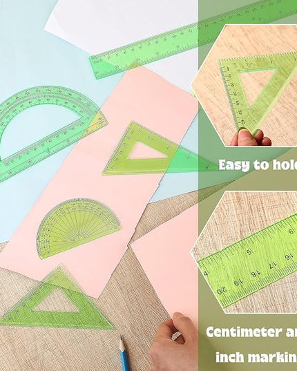 Tenare 1 Set Plastic Clear Math Set Includes Protractor Triangle Rulers 12 Inch 6 Inch Straight Geometry Math Transparent Ruler Measuring Tool for School Office Home Supplies (Green)