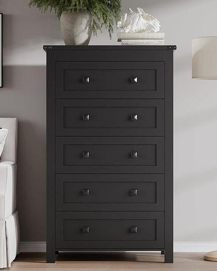 BORNOON Tall 5-Drawer Dresser, Modern Wooden Storage Chest of Drawers, Dresser TV Stand, Wood Drawer Organizer with Metal Handles for Bedroom, Living Room, Hallway
