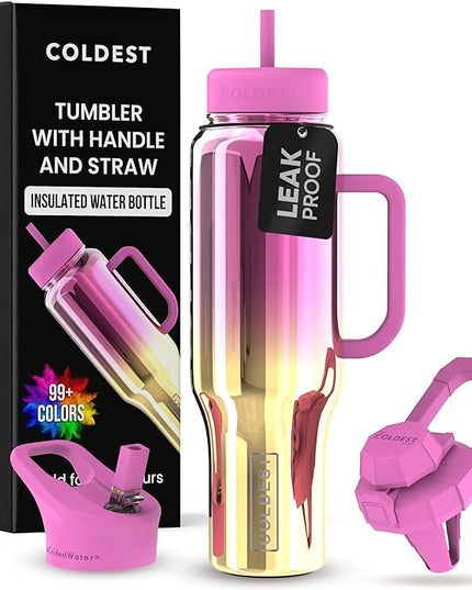 Coldest Tumbler with Handle and Straw - 100% Spill Proof Tumbler with Straw (3 Lids) - Stainless Steel Insulated Leakproof Tumblers for Women & Men - Cup Holder Friendly - 46 oz (SunTan Nova)