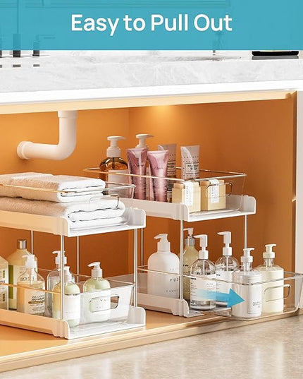 Vtopmart 2 Pack Bathroom Organizer, 2 Tier White Under Sink Organizers Vanity Countertop Storage Container,Cabinet Drawers Bins, Pull-Out Organization with Track for Pantry, Kitchen