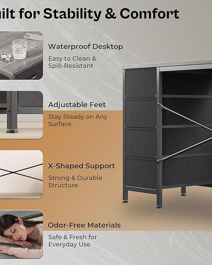 Huuger 55 Inch L Shaped Desk with Fabric Drawers, Reversible Computer Gaming Desk with Power Outlets and USB-C Port, Adjustable Side Storage Shelves, for Work Study Corner Home Office, Grey