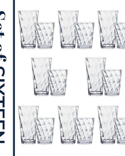 US Acrylic Optix Plastic Reusable Drinking Glasses (Set of 16) 14oz Rocks & 20oz Water Cups in Clear | BPA-Free Tumblers, Made in USA | Top-Rack Dishwasher Safe