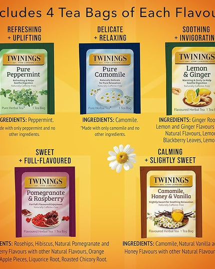 Twinings Herbal Tea Variety Pack, 20 Count (Pack of 6), Formerly Assorted Herbal, Includes 5 Flavours, Naturally Caffeine-Free, Enjoy Hot or Iced, 120 Teabags