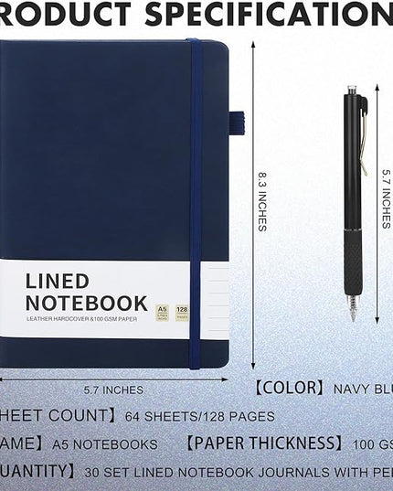 Aodaer 30 Set Lined Notebook Journals with Pens A5 Notebooks 100 GSM College Ruled Hardcover Notebook PU Leather Notepad with Pen Holder for Office School, 5.7 x 8.3 Inches, Navy Blue