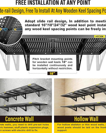 4-Pack 2x3ft Adjustable Garage Wall Shelving 1120lbs Load Capacity Heavy Duty Wall Mounted Storage Shelf Metal Floating Shelves for Garage(Black)