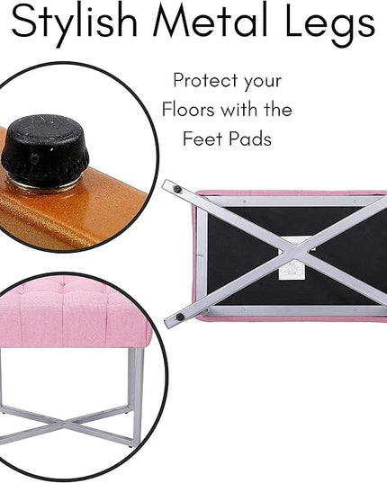 BIRDROCK HOME Rectangular Tufted Foot Stool Ottoman with Soft Padded Cushion - Versatile Vanity Chair for Bedroom, Living Room, Bathroom - Compact Seating for Adults - Pink with Silver Metal Legs