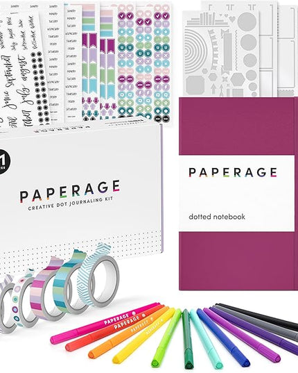 PAPERAGE Bullet Journal Kit, Dotted Journaling Set & Stationary Kit, Hardcover Dotted Journal Notebook (Raspberry), 12 fineliner Pens, 8 Sticker & 3 Stencil Sheets, 6 Washi Tapes