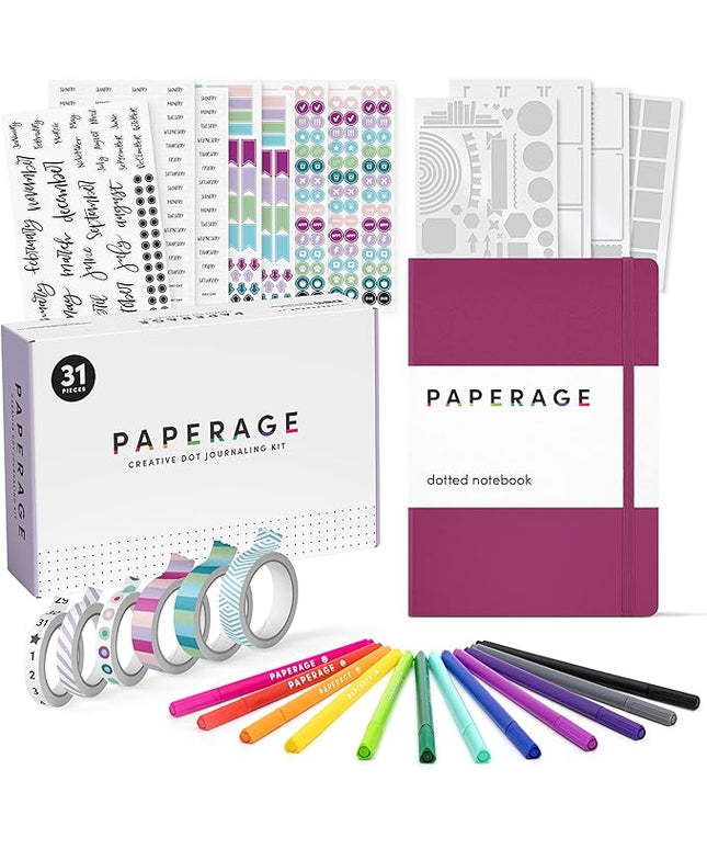 PAPERAGE Bullet Journal Kit, Dotted Journaling Set & Stationary Kit, Hardcover Dotted Journal Notebook (Raspberry), 12 fineliner Pens, 8 Sticker & 3 Stencil Sheets, 6 Washi Tapes