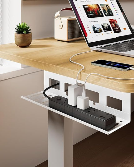 Under Desk Cable Management Tray, 15.7 Inches Metal Cord Organizer Rack, Desk Tray for Power Strip, Cord, Wire, Easy Mounting Cable Management Under Table for Home Office, White