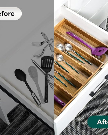 Utoplike Acacia Kitchen Drawer Organizer Expandable, Large Utensils and Cutlery Tray, Adjustable Silverware Divider for Knives Flatware