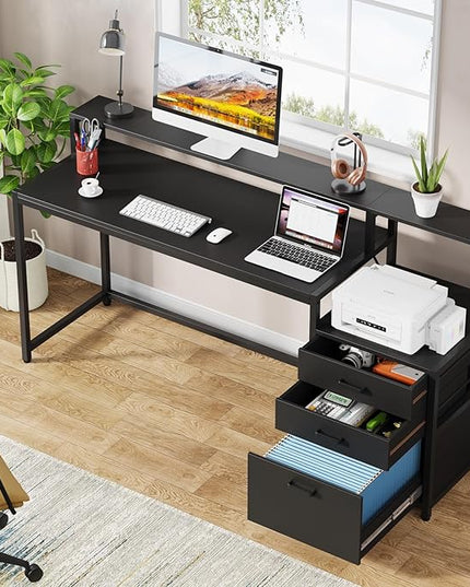 Tribesigns 63 Inch Computer Desk with File Drawer Cabinet, Ergonomic Office Desk with Monitor Stand, Industrial Computer Table with Printer Space, Wood PC Table Workstation Desks for Home Office