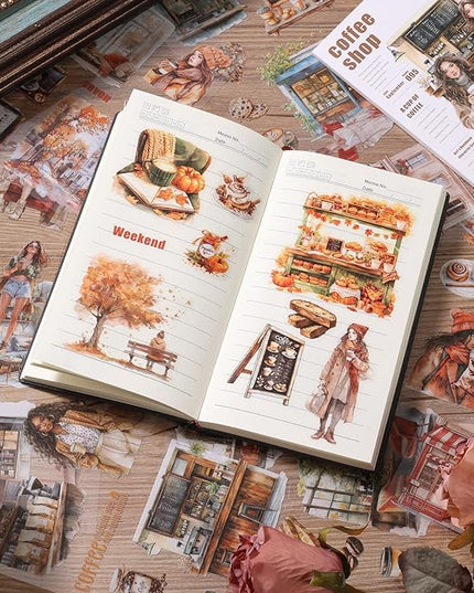 Auguro Scrapbooking Sticker 20 Sheets 120 Pre-Cut PET Coffee Shop Girls People Stickers Books for journaling Scrapbook Supplies Coffee Sticker Book for Scrapbooking
