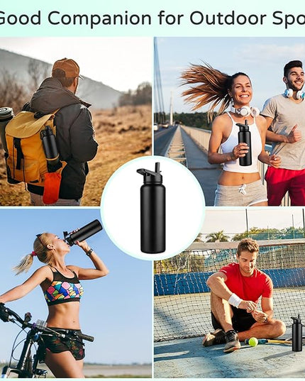 DOMICARE 40 oz Insulated Water Bottle Bulk, Vacuum Insulated Stainless Steel Sports Water Bottle with Straw Lid & Spout Lid, Leakproof, Reusable - Travel, Camping, Bike, Black (4 Pack)