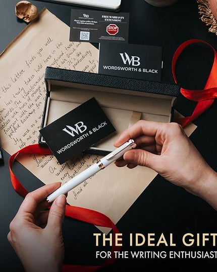Wordsworth & Black Fountain Pen Set, 18K Gilded Medium Nib, Includes 24 Pack Ink Cartridges, Ink Refill Converter & Gift Box, Gold Finish, Calligraphy, [White Rose Gold], Perfect for Men & Women